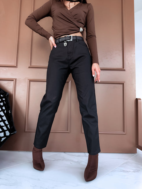 "AREA C9279-1" MOM FIT ādas imitācijas bikses - MELNAS